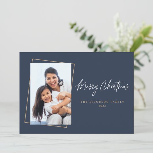 クリスマスフォトフラットネイビー金ゴールドホリデーカード シーズンカード (スタンド正面)
