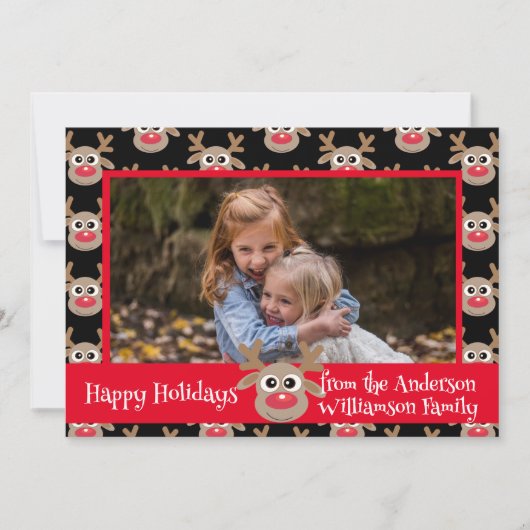 クリスマスフォトブラックレッドかわいいトナカイのパターン シーズンカード (正面)