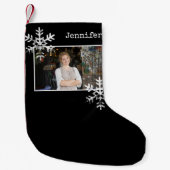 クリスマスフォトブラック雪動揺して片 スモールクリスマスストッキング (正面)
