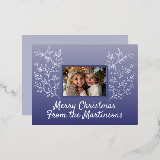 クリスマスフォトブルーボタニカルホリデーポストカード 箔シーズンポストカード (正面/裏面)