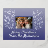 クリスマスフォトブルーボタニカルホリデーポストカード 箔シーズンポストカード (正面)