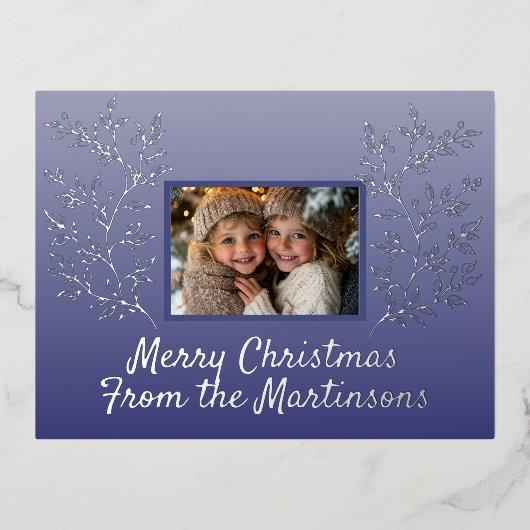 クリスマスフォトブルーボタニカルホリデーポストカード 箔シーズンポストカード (正面)