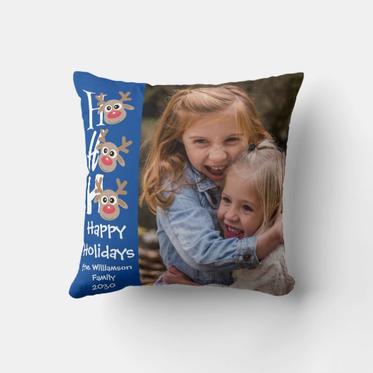 クリスマスフォトホホホホホー漫画トナカイ青 クッション (裏面)