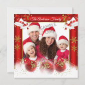 クリスマスフォトホリデーパーティレッド金ゴールドバウブル 招待状 (裏面)