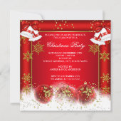 クリスマスフォトホリデーパーティレッド金ゴールドバウブル 招待状 (正面)