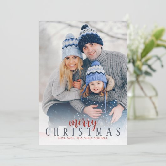 クリスマスフォトホリデーレッドブルーエレガントパターン シーズンカード (スタンド正面)