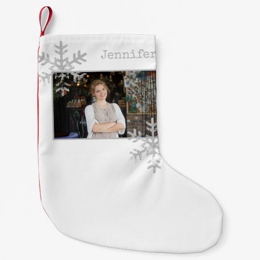 クリスマスフォトホワイト雪動揺して片 スモールクリスマスストッキング (正面)