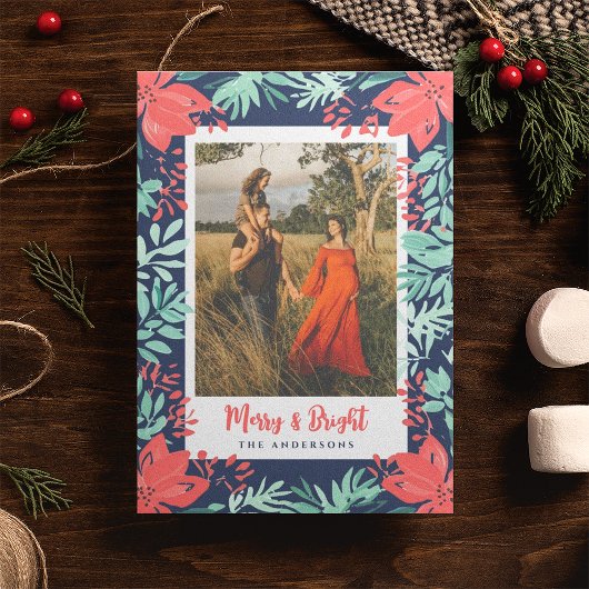 クリスマスフォトボタニカルレッドフローラブルー シーズンカード
