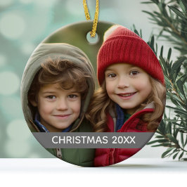 クリスマスフォトモダンイヤーミニマルグレイストライプ セラミックオーナメント