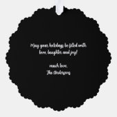 クリスマスフォトモダンラウンドブルーバッファロープレイド オーナメントカード (裏面)