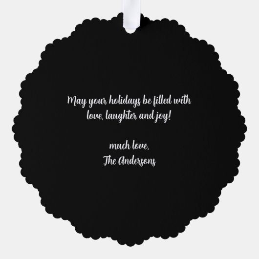 クリスマスフォトモダンラウンドブルーバッファロープレイド オーナメントカード (裏面)