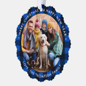 クリスマスフォトモダンラウンドブルーバッファロープレイド オーナメントカード (左)