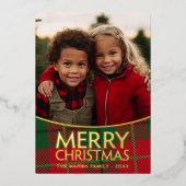 クリスマスフォトモダン- Red Green Plaid -金ゴールド 箔シーズンカード (正面)