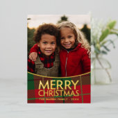 クリスマスフォトモダン- Red Green Plaid -金ゴールド 箔シーズンカード (立ち正面)