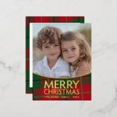 クリスマスフォトモダン- Red Green Plaid -金ゴールド 箔シーズンポストカード (正面/裏面)