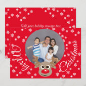 クリスマスフォトレッドかわいいトナカイ白いスクリプト シーズンカード (正面/裏面)