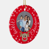 クリスマスフォトレッドかわいいトナカイ白いスクリプト セラミックオーナメント (右)