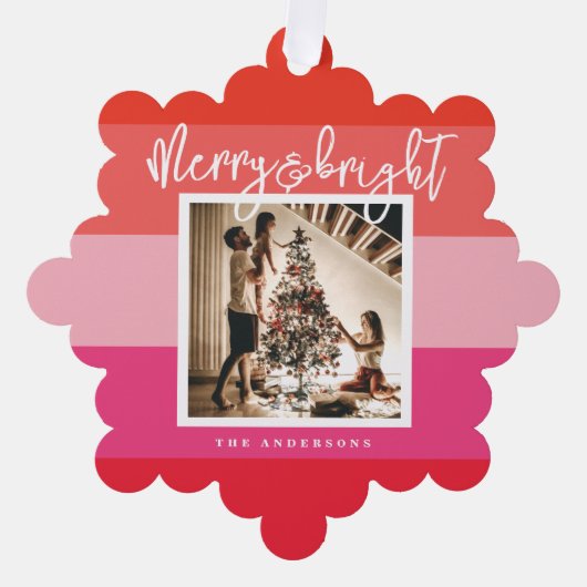 クリスマスフォトレッドピンクストライプのクリスマス オーナメントカード (正面)