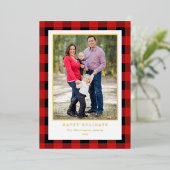 クリスマスフォトレッドブラックプレイド金ゴールド 箔シーズンカード (立ち正面)