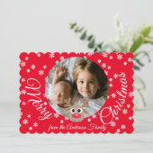 クリスマスフォトレッドホワイトスクリプトかわいいトナカイ シーズンカード (スタンド正面)
