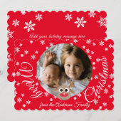 クリスマスフォトレッドホワイトスクリプトかわいいトナカイ シーズンカード (正面/裏面)
