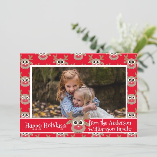 クリスマスフォトレッド白かわいいトナカイのパターン シーズンカード (スタンド正面)