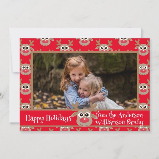 クリスマスフォトレッド白かわいいトナカイのパターン シーズンカード (正面)