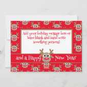 クリスマスフォトレッド白かわいいトナカイのパターン シーズンカード (裏面)