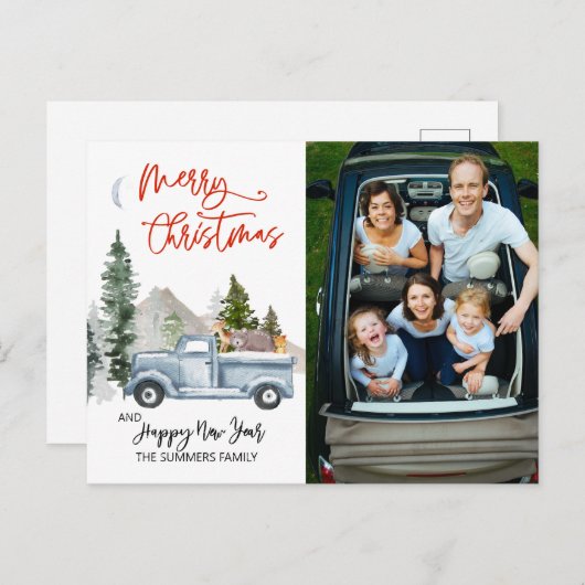 クリスマスフォトヴィンテージ水彩トラックウッドランド ポストカード (正面/裏面)