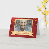 クリスマスフォト名前をカスタムするレッドと金ゴールド星 カード (黄色い花)