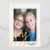 クリスマスフォト垂直 – スクリプト金ゴールドJOY - 箔シーズンカード (正面)