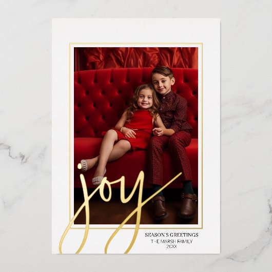 クリスマスフォト垂直 – スクリプト金ゴールドJOY - 箔シーズンカード (正面)