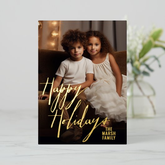 クリスマスフォト垂直 – 金ゴールドハッピーページ 箔シーズンカード (立ち正面)
