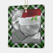 クリスマスフォト年名レッドトラックグリーンプレイド セラミックオーナメント (左)
