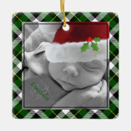 クリスマスフォト年名レッドトラックグリーンプレイド セラミックオーナメント