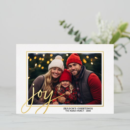 クリスマスフォト横書き金ゴールド実在JOY in 箔シーズンカード (立ち正面)