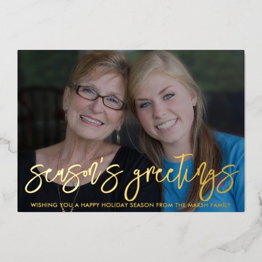 クリスマスフォト水平シーズンのグリーティングプレイド 箔シーズンカード (正面)