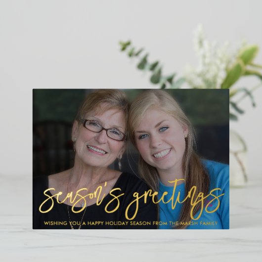クリスマスフォト水平シーズンのグリーティングプレイド 箔シーズンカード (立ち正面)