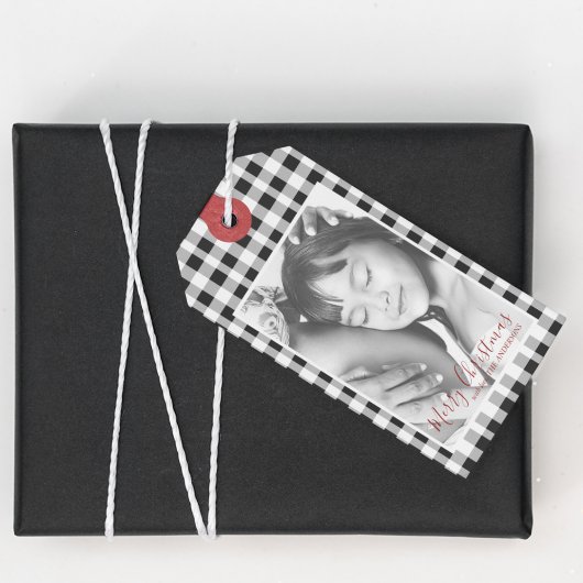 クリスマスフォト白黒格子模様 ギフトタグ