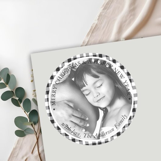 クリスマスフォト白黒格子模様 ラウンドシール