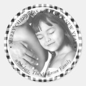 クリスマスフォト白黒格子模様 ラウンドシール (正面)