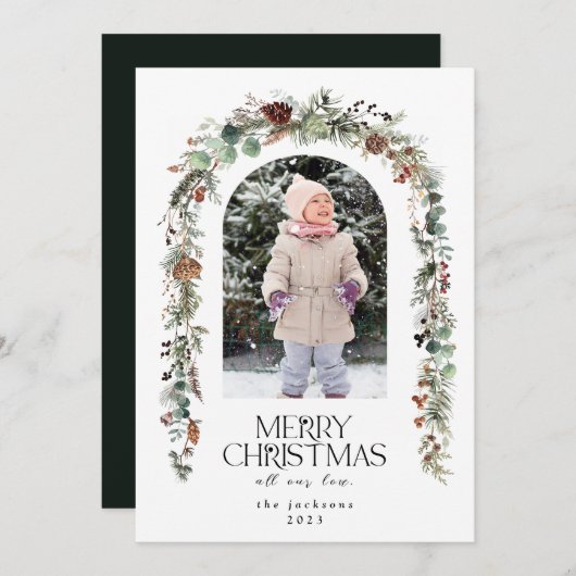 クリスマスフォト素朴グリーンリーベリーベリーシダー シーズンカード (正面/裏面)