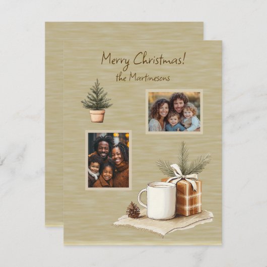 クリスマスフォト素朴ツツリーマグフラットホリデーカード シーズンカード (正面/裏面)