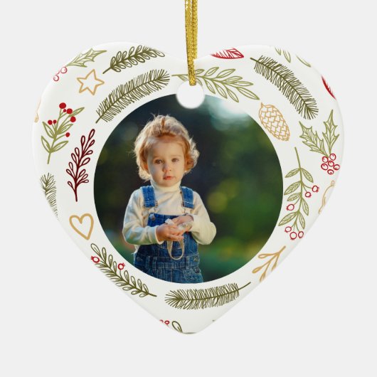 クリスマスフォト素朴マツの葉のハートの形状 セラミックオーナメント (正面)