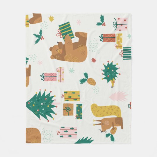 クリスマスフォレストの動物：ヴィンテージ フリースブランケット (正面)
