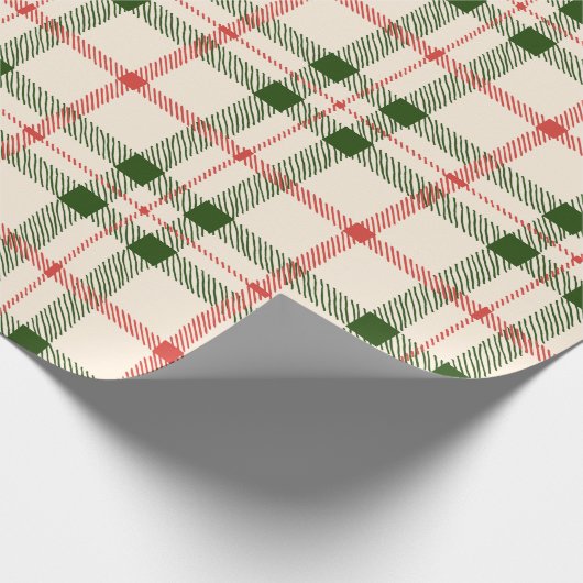 クリスマスフォレストの緑の赤い白い格子状のヴィンテージ ラッピングペーパー (角)