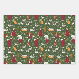 クリスマスフォークアートプリント – 動物，ホリー，プレイド ラッピングペーパーシート