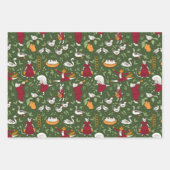 クリスマスフォークアートプリント – 動物，ホリー，プレイド ラッピングペーパーシート (正面)