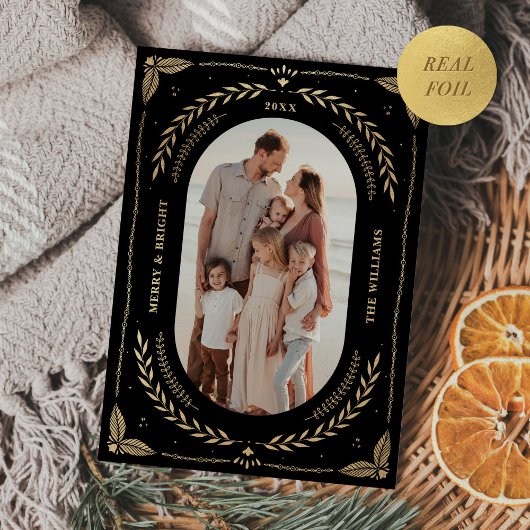 クリスマスフォークアートホリデーフォトブラック金ゴールド 箔招待状