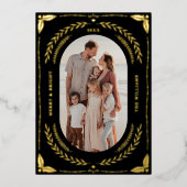 クリスマスフォークアートホリデーフォトブラック金ゴールド 箔招待状 (正面)